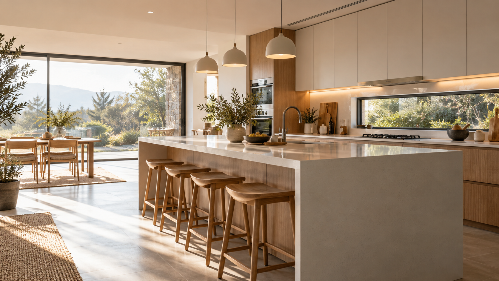 Cocina a medida en madera clara con isla y vista a la montaña